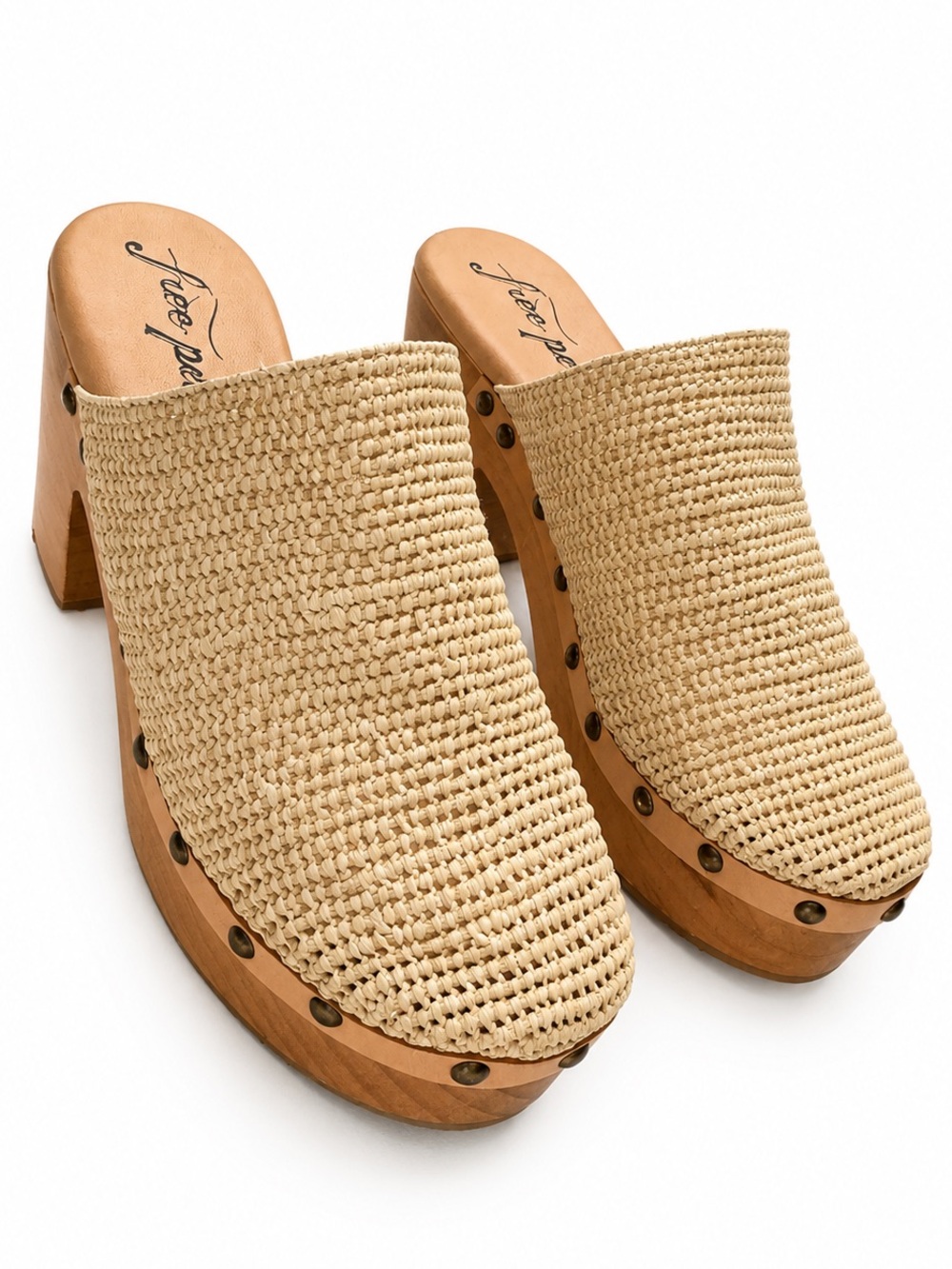 Free People Claudia Crochet Raffia Leather Studded Clogs Natural US 8.5 BNIB - Picture 9 of 11